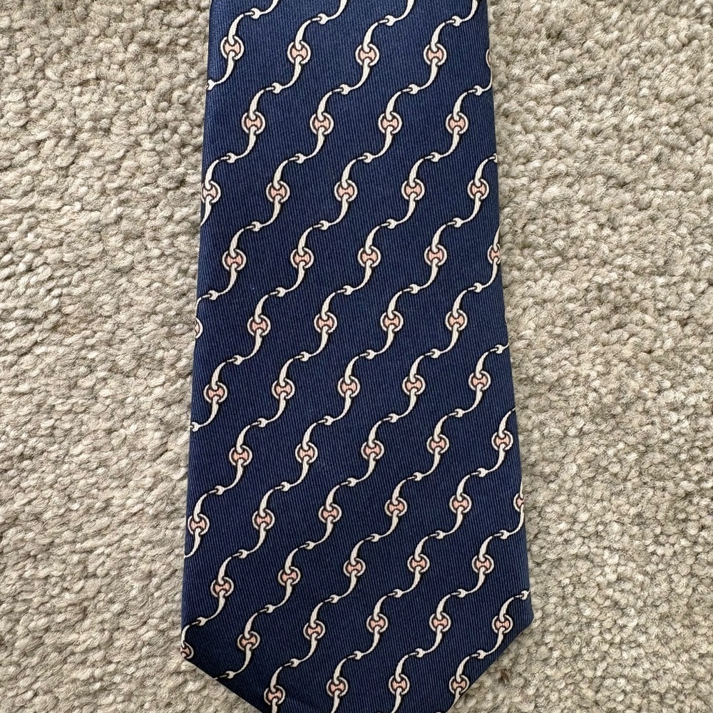 Authentic HERMÈS Paris Silk Tie 7008 TA – Navy Blue Equestrian Bit Chain